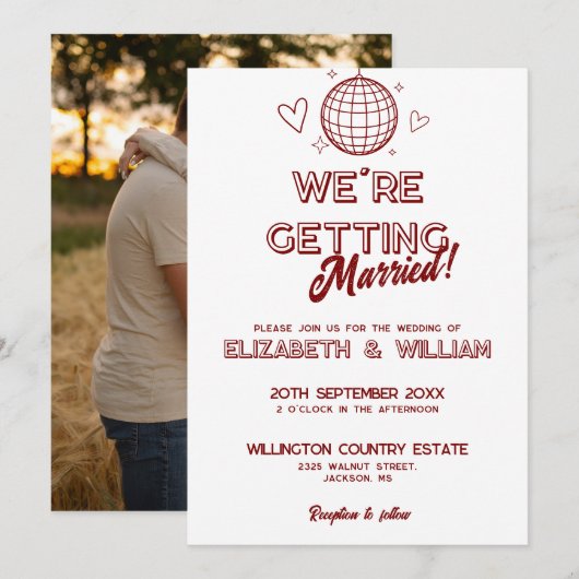 Invitation Moderne Red Retro Disco Mariage Super Photo (Devant / Derrière)
