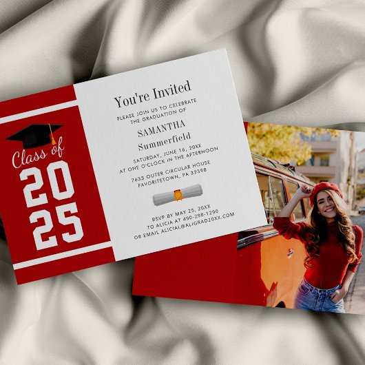 Invitation Moderne Red White Grad Photo Graduation 2025