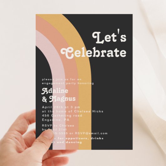 Invitation Moderne Retro 70's Rainbow Dark Célébrons