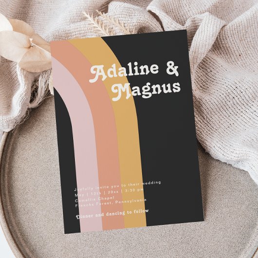Invitation Moderne Retro 70's Rainbow Dark Mariage Décontract