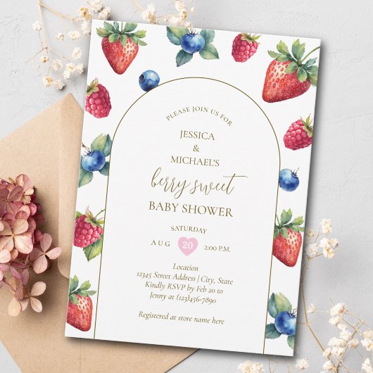 Invitation Moderne Retro Aquarelle Berry Baby shower doux