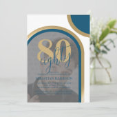 Invitation Moderne Retro Bleu Et Or Photo Anniversaire (Debout devant)