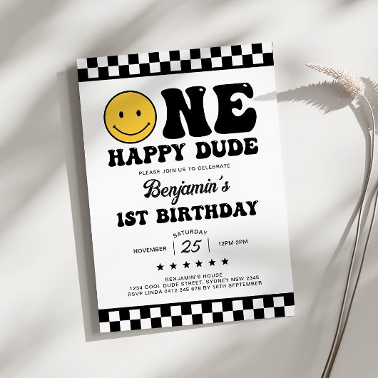 Invitation Moderne Rétro One Happy Dude Boy premier anniversa