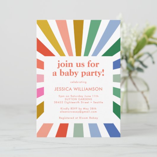 Invitation Moderne Retro Rainbow Starburst Baby shower Party (Debout devant)