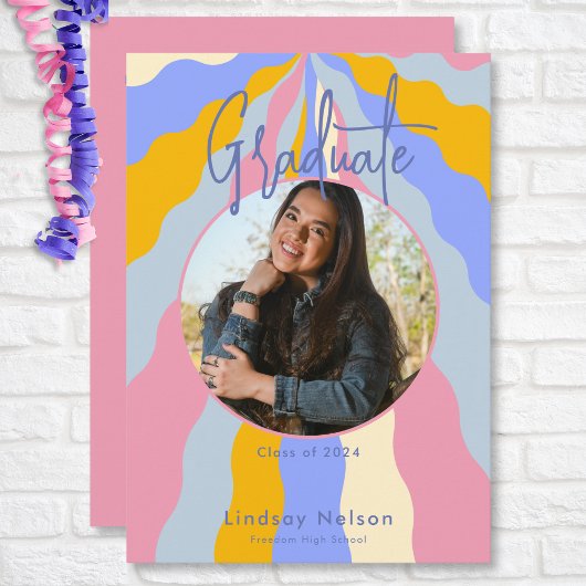 Invitation Moderne Retro Rose violet Vagues Photo Graduation