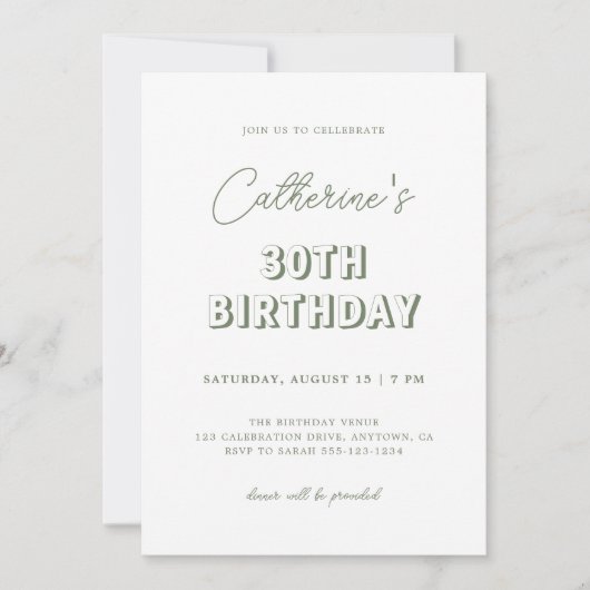 Invitation Moderne Retro Sage Green 30e fête d'anniversaire (Devant)