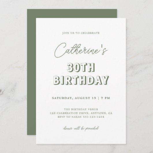 Invitation Moderne Retro Sage Green 30e fête d'anniversaire (Devant / Derrière)