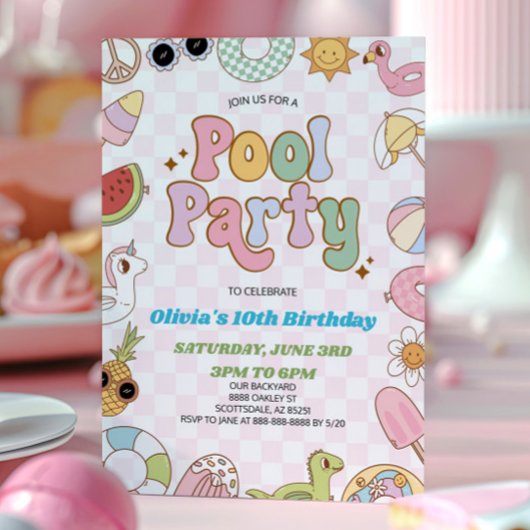 Invitation Moderne Retro Super été Anniversaire Pool Party