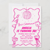 Invitation Moderne Retro Wavy Hot Rose Illustré Anniversaire (Devant)