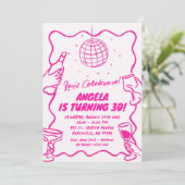 Invitation Moderne Retro Wavy Hot Rose Illustré Anniversaire (Debout devant)