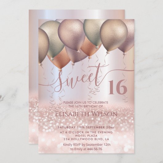 Invitation Moderne Romantique Rose or glittery ombre ballon (Devant / Derrière)