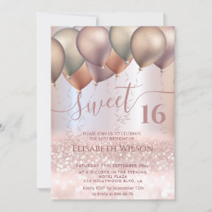 Invitation Moderne Romantique Rose or glittery ombre ballon