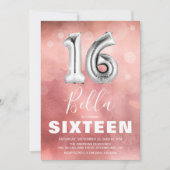 Invitation Moderne rose 16 Balloon Fille Anniversaire (Devant)