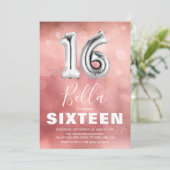 Invitation Moderne rose 16 Balloon Fille Anniversaire (Debout devant)