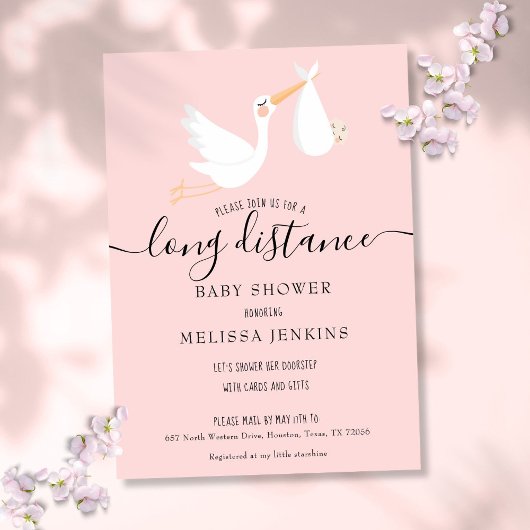 Invitation Moderne Rose Bébé Fille Longue Distance Douche Par