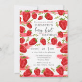 Invitation Moderne rose blanc rayures fraise 1er anniversaire (Dos)