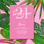 Invitation Moderne rose élégant 21e anniversaire<br><div class="desc">Une simple invitation moderne 21ème anniversaire avec une élégante typographie de script de calligraphie et un design minimaliste en rose et blanc.</div>