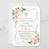 Invitation Moderne rose Fleurs Rouges Or Cadre Baptême