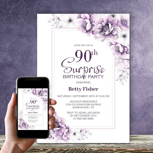 Invitation Moderne rose Floral Surprise 90ème anniversaire