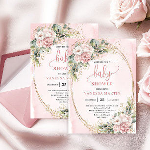 Invitation Moderne Rose Gold Floral Eucalyptus Fille Baby Sho