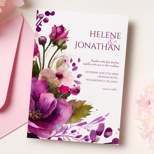 Invitation Moderne rose gras Magenta Floral Boho Mariage