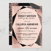 Invitation Moderne Rose or Noir Blush Géométrique Sweet 16 (Devant / Derrière)