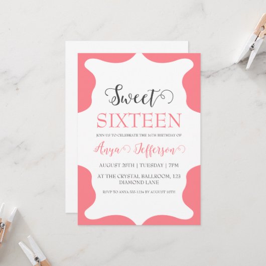 invitation moderne rose pâle rose doux 16 annivers (Devant/Arrière en situation)