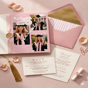 Invitation Moderne rose Promotion 2026 3-Photos Graduation 