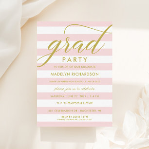 Invitation Moderne rose rayures or personnalisé Grad Party