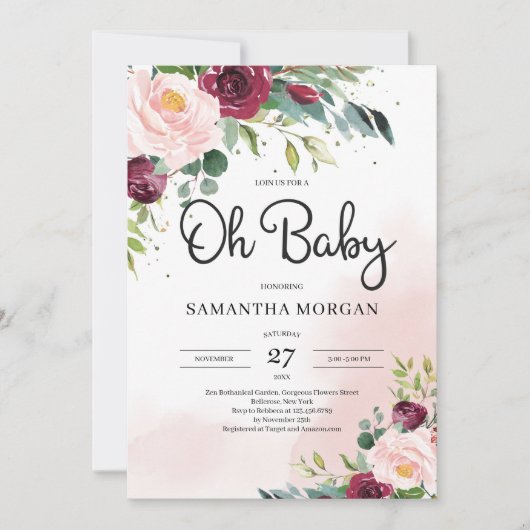 Invitation Moderne rose rousse rose bordeaux floral Oh Baby s (Devant)