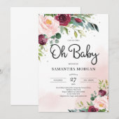 Invitation Moderne rose rousse rose bordeaux floral Oh Baby s (Devant / Derrière)