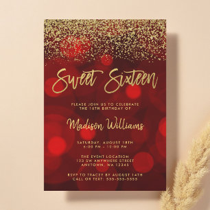 Invitation Moderne Rouge Bokeh Paillettes Dorées Sweet 16