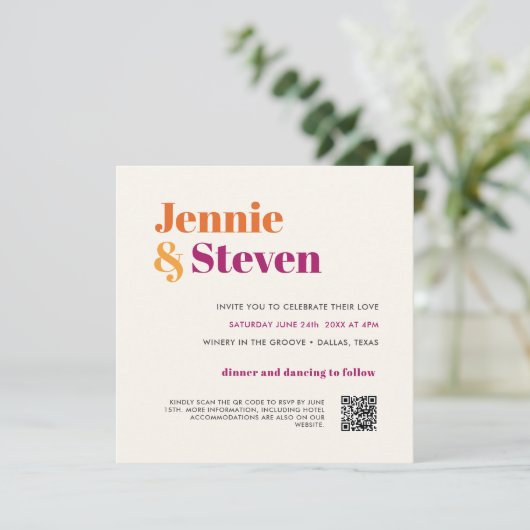 Invitation Moderne, rouge violet orange QR CODE TOUT EN UN (Debout devant)
