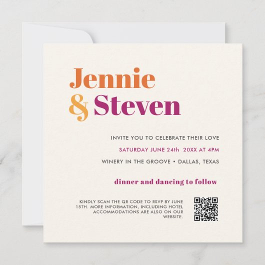Invitation Moderne, rouge violet orange QR CODE TOUT EN UN (Devant)