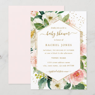 Invitation Moderne rougissent le baby shower floral d'or