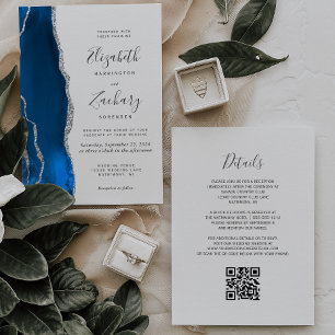 Invitation Moderne Royal Blue Silver Agate QR Code Mariage