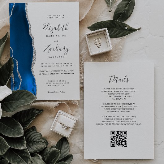 Invitation Moderne Royal Blue Silver Agate QR Code Mariage