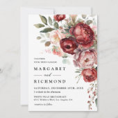 Invitation Moderne Rustique Bourgogne & Mariage Floral Blush (Devant)