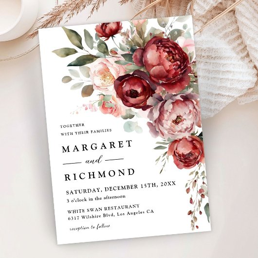 Invitation Moderne Rustique Bourgogne & Mariage Floral Blush