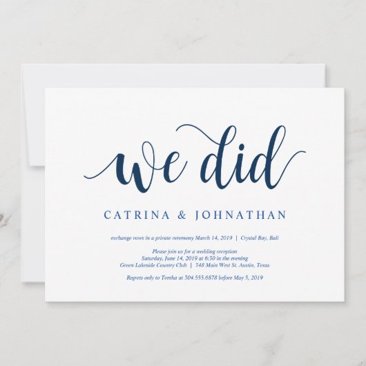 Invitation Moderne Rustique, écriture Bleu Marine, Mariage en (Devant)