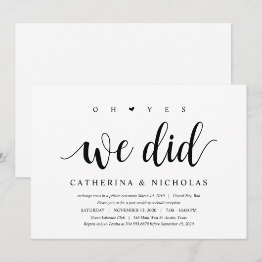 Invitation Moderne Rustique, Écriture Noire, Fuite de Mariage (Devant / Derrière)