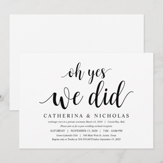 Invitation Moderne Rustique, Écriture Noire, Fuite de Noces (Devant / Derrière)