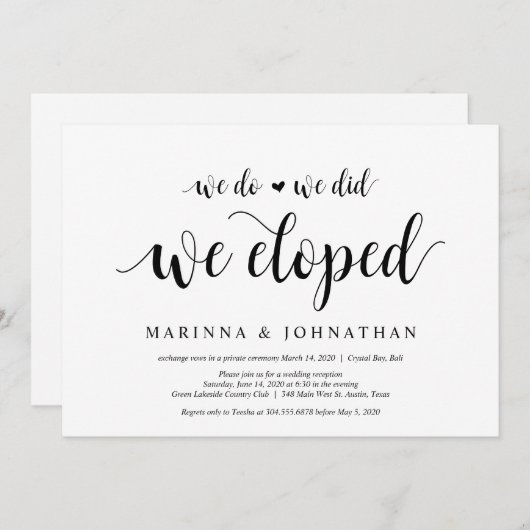 Invitation Moderne Rustique, Écriture noire, Mariage en Elope (Devant / Derrière)