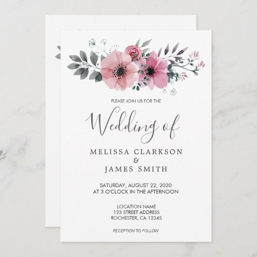 Invitation Moderne rustique élégant fleurs d'aquarelle Mariag (Devant / Derrière)