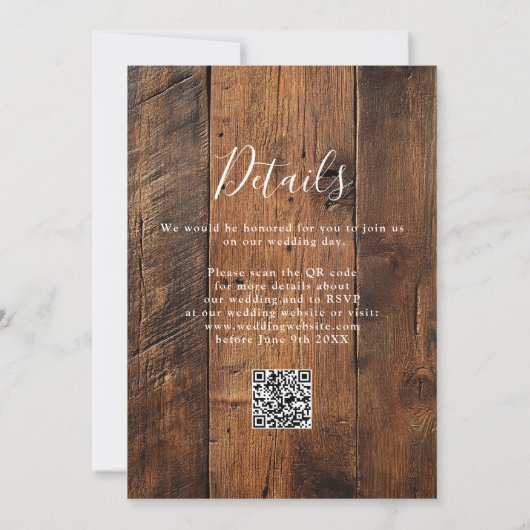 Invitation Moderne Rustique Mariage en bois de grange Code QR (Dos)