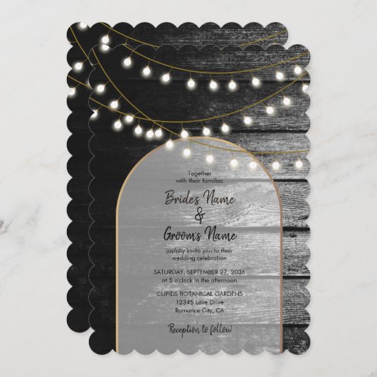 Invitation Moderne Rustique Noir Bois Lumière Arc Mariage (Devant / Derrière)