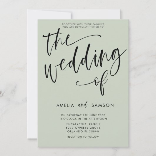 Invitation Moderne Sage Green Calligraphie Mariage de (Devant)