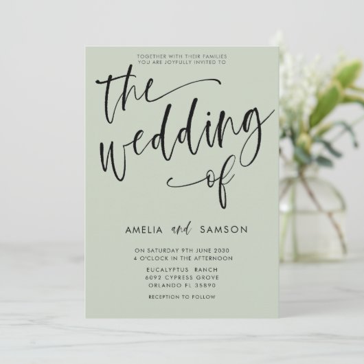 Invitation Moderne Sage Green Calligraphie Mariage de (Debout devant)