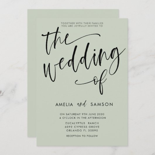 Invitation Moderne Sage Green Calligraphie Mariage de (Devant / Derrière)