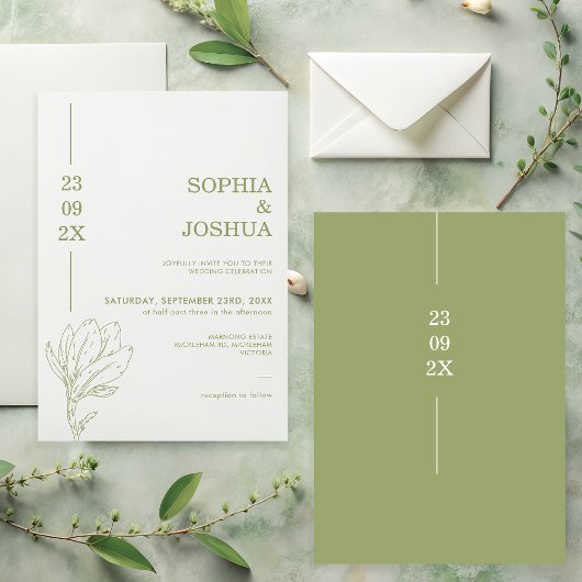 Invitation Moderne Sage Green Date Line Mariage Floral